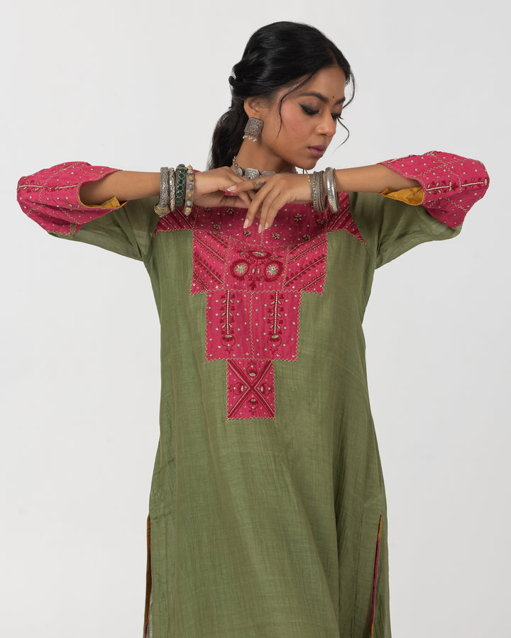 olive green chanderi mull embroidered kurta with cotton silk bottom and multicolor chanderi mull dupatta