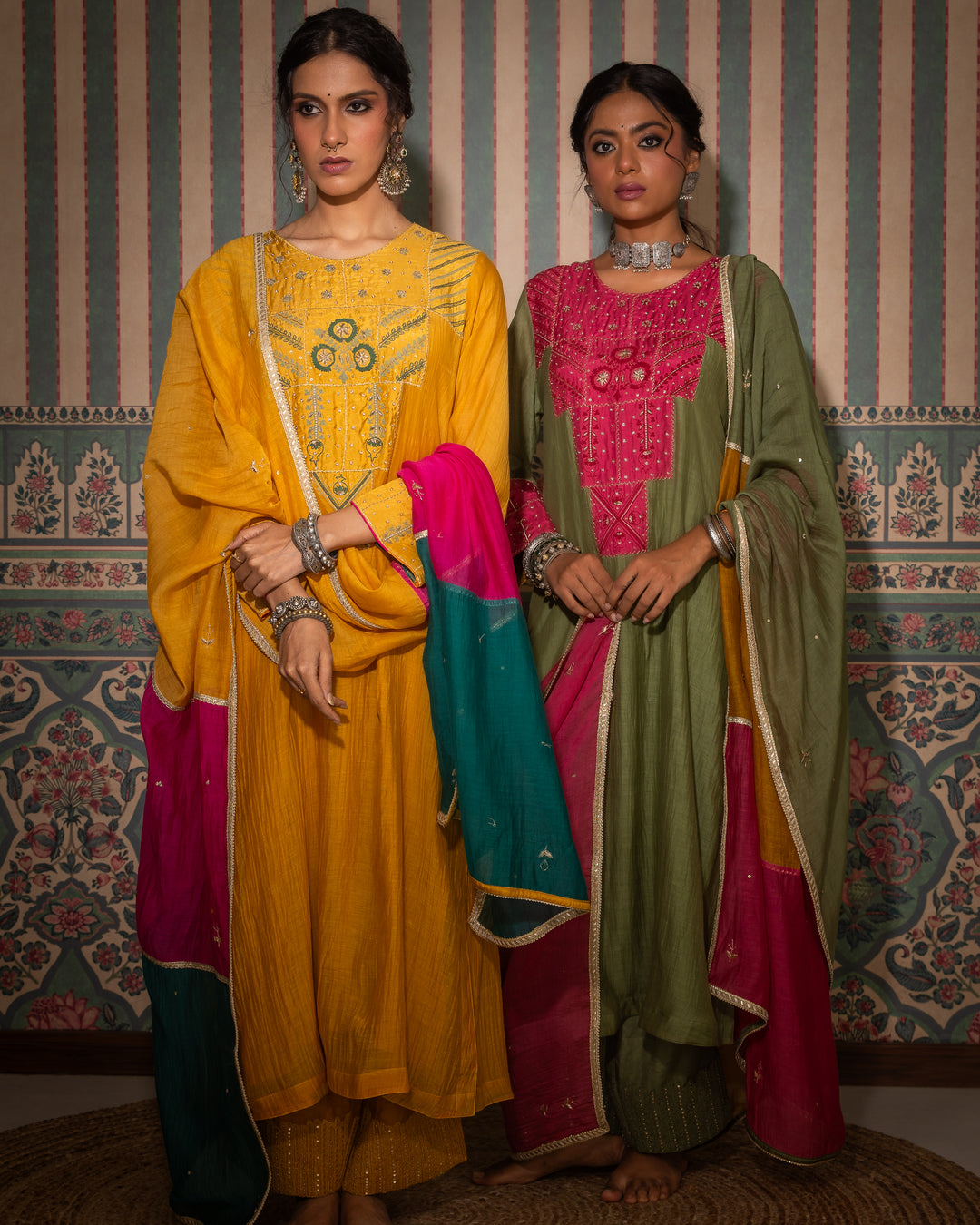 mustard chanderi mull embroidered kurta with cotton silk bottom and multicolor chanderi mull dupatta