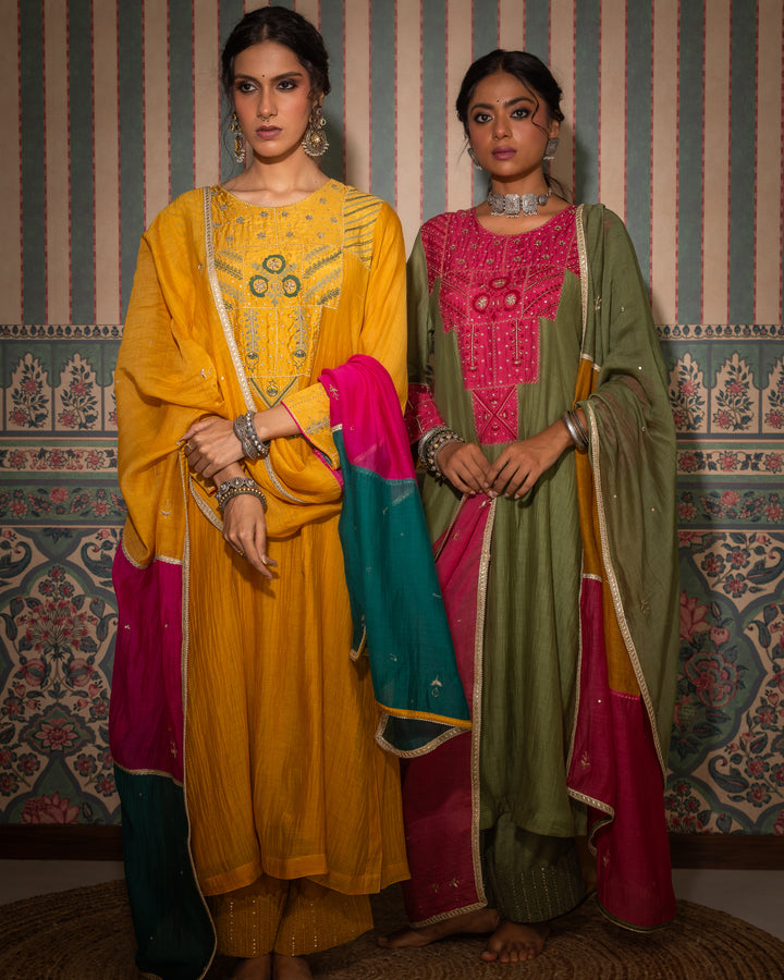 mustard chanderi mull embroidered kurta with cotton silk bottom and multicolor chanderi mull dupatta