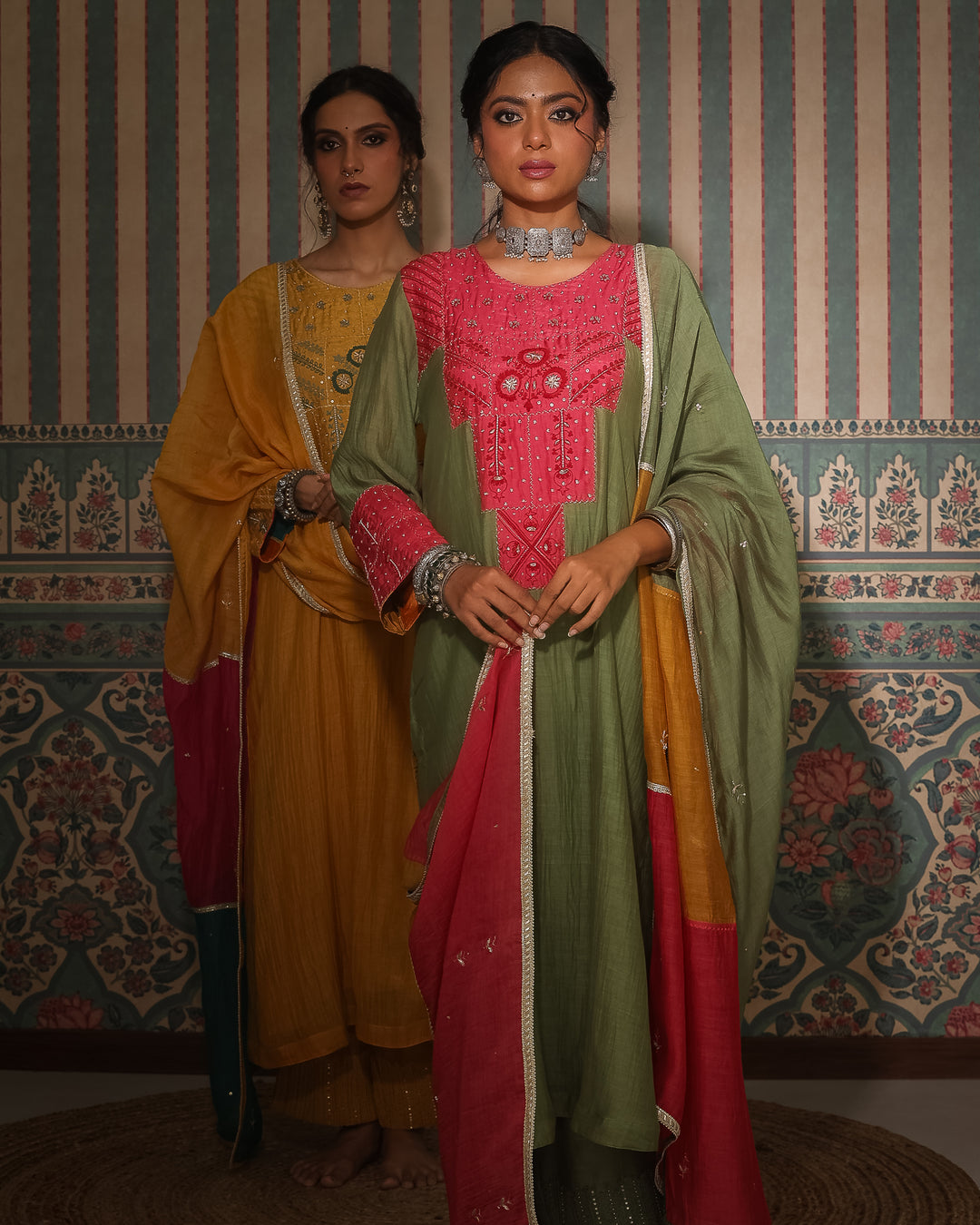 olive green chanderi mull embroidered kurta with cotton silk bottom and multicolor chanderi mull dupatta