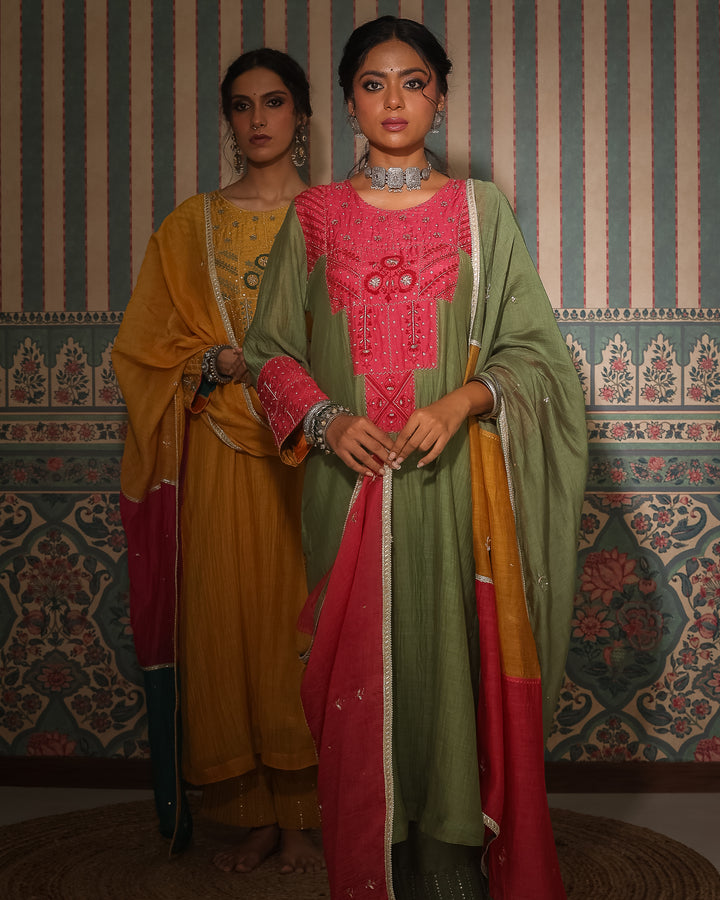 olive green chanderi mull embroidered kurta with cotton silk bottom and multicolor chanderi mull dupatta