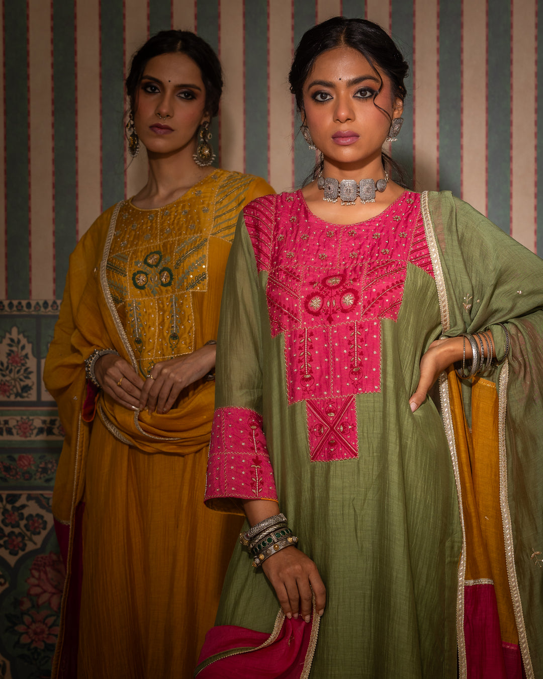 olive green chanderi mull embroidered kurta with cotton silk bottom and multicolor chanderi mull dupatta