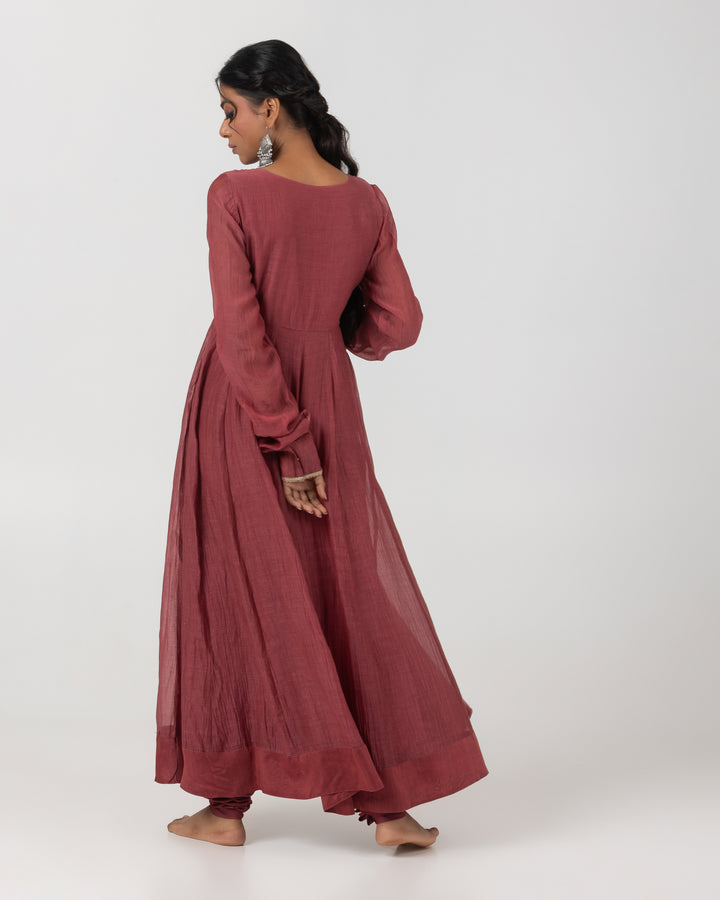 maroon chanderi mull embroidered anarkali with surat chanderi churidar bottom