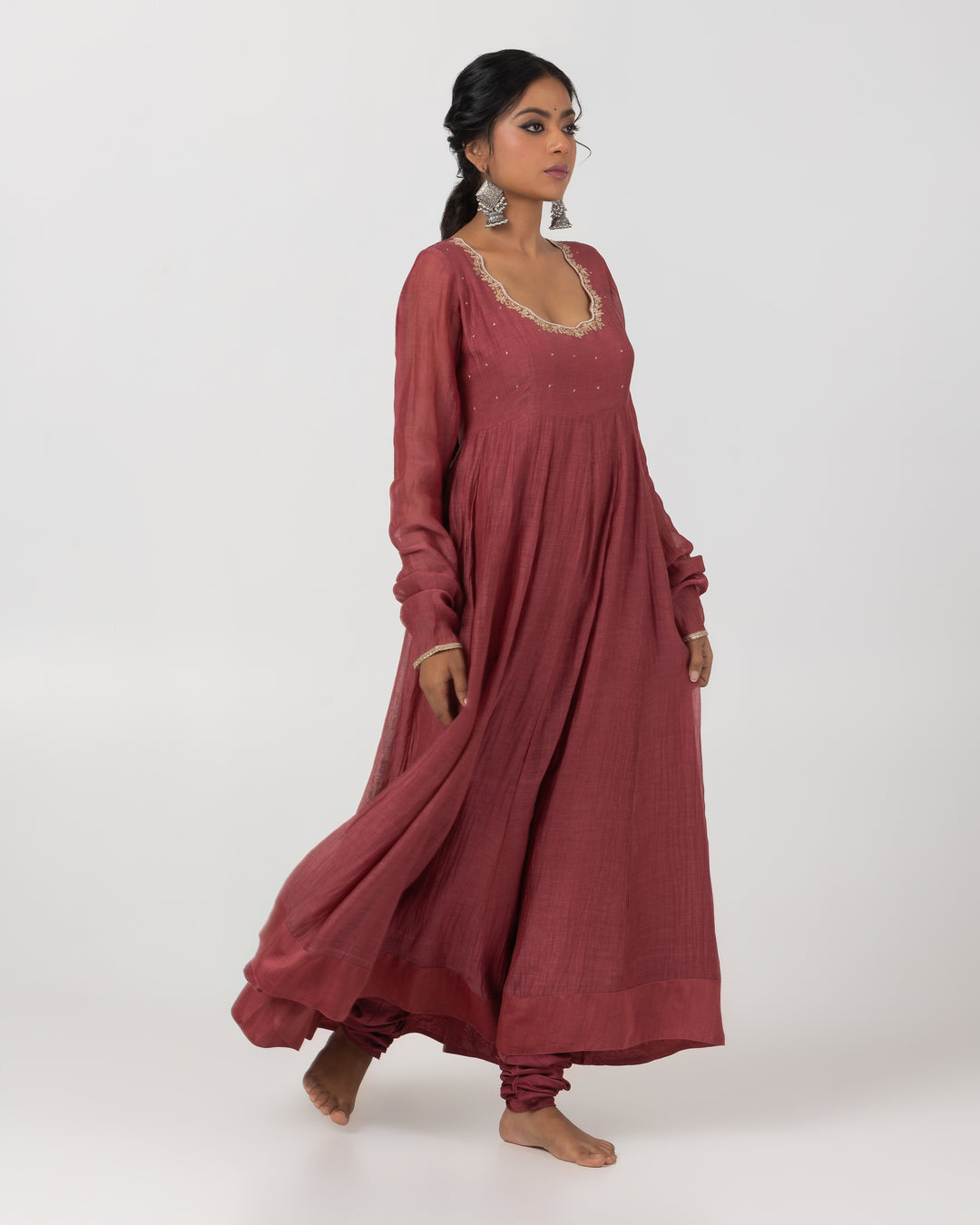 maroon chanderi mull embroidered anarkali with surat chanderi churidar bottom and block print dupatta