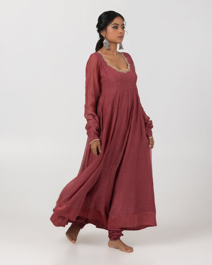 maroon chanderi mull embroidered anarkali with surat chanderi churidar bottom