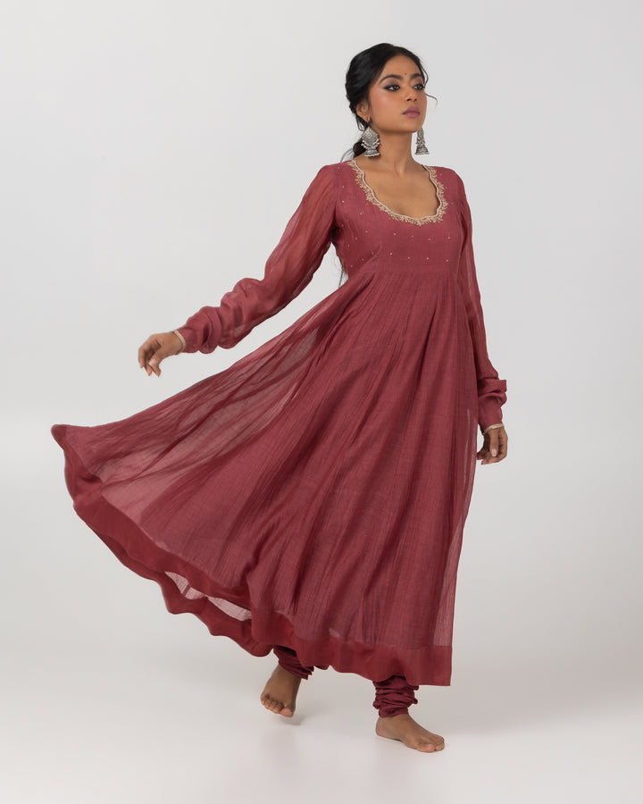 maroon chanderi mull embroidered anarkali with surat chanderi churidar bottom