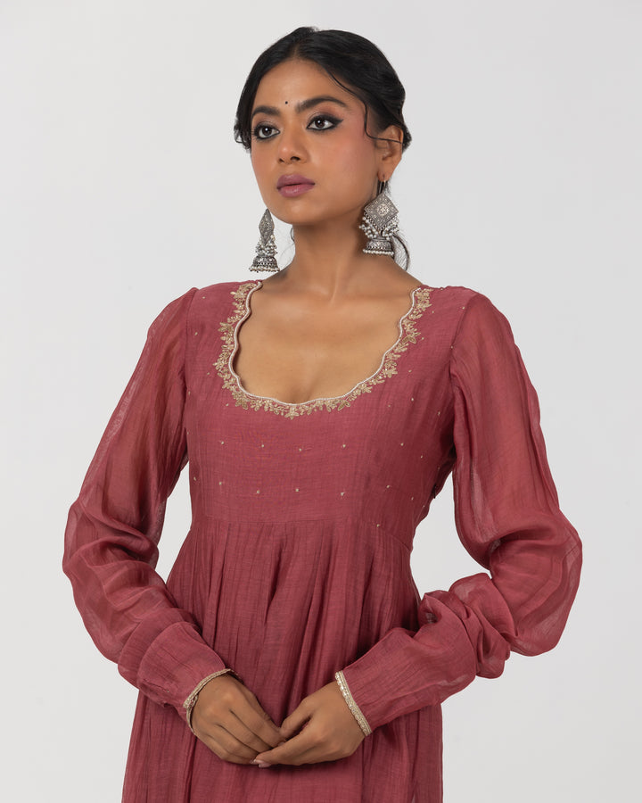 maroon chanderi mull embroidered anarkali with surat chanderi churidar bottom
