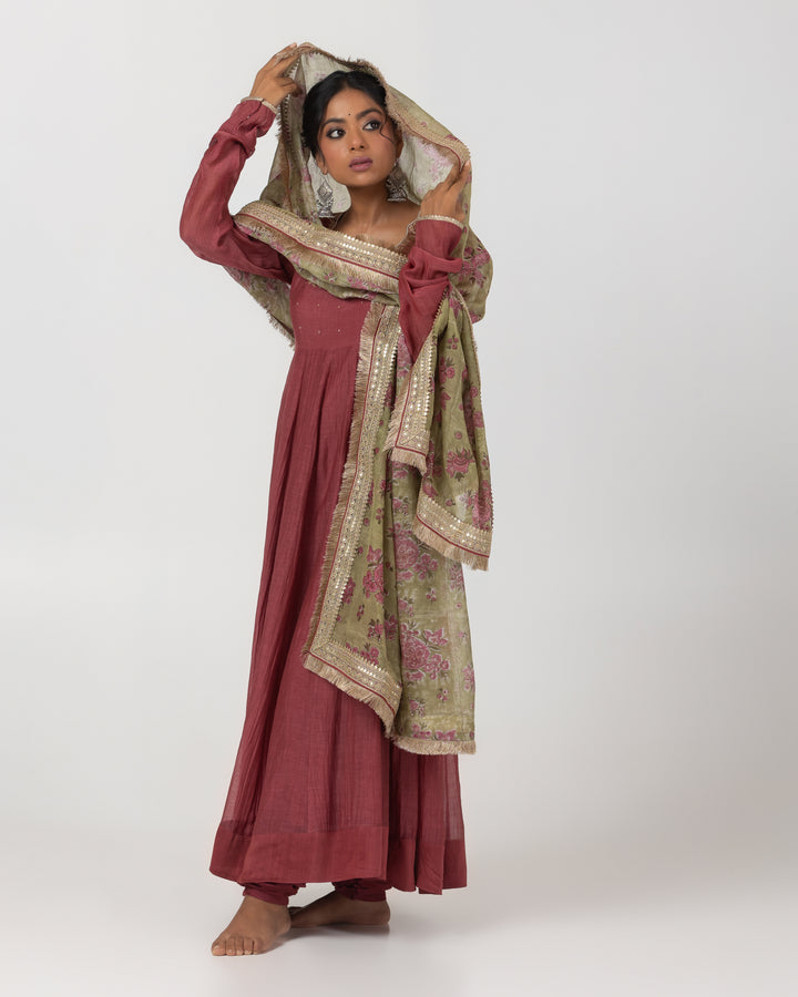 maroon chanderi mull embroidered anarkali with surat chanderi churidar bottom and block print dupatta