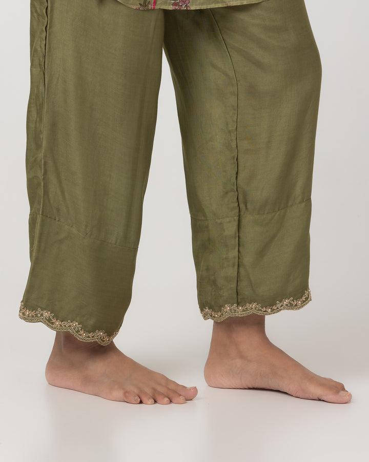 block printed olive green chanderi mull embroidered kurta with cotton silk bottom and chanderi mull dupatta