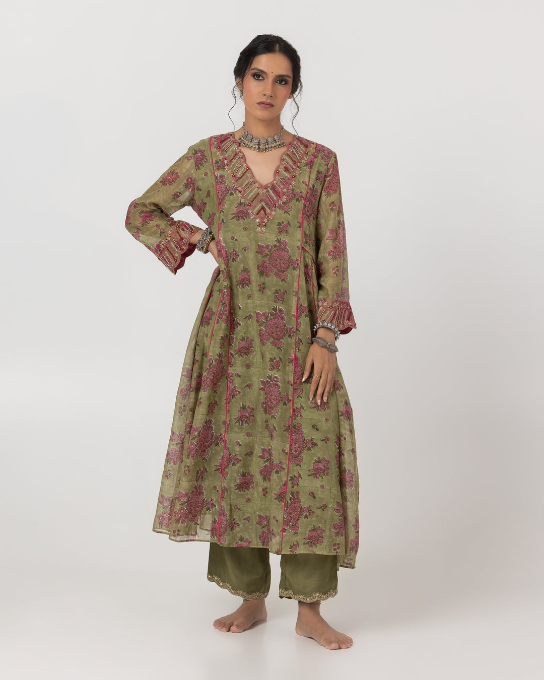 block printed olive green chanderi mull embroidered kurta with cotton silk bottom and chanderi mull dupatta