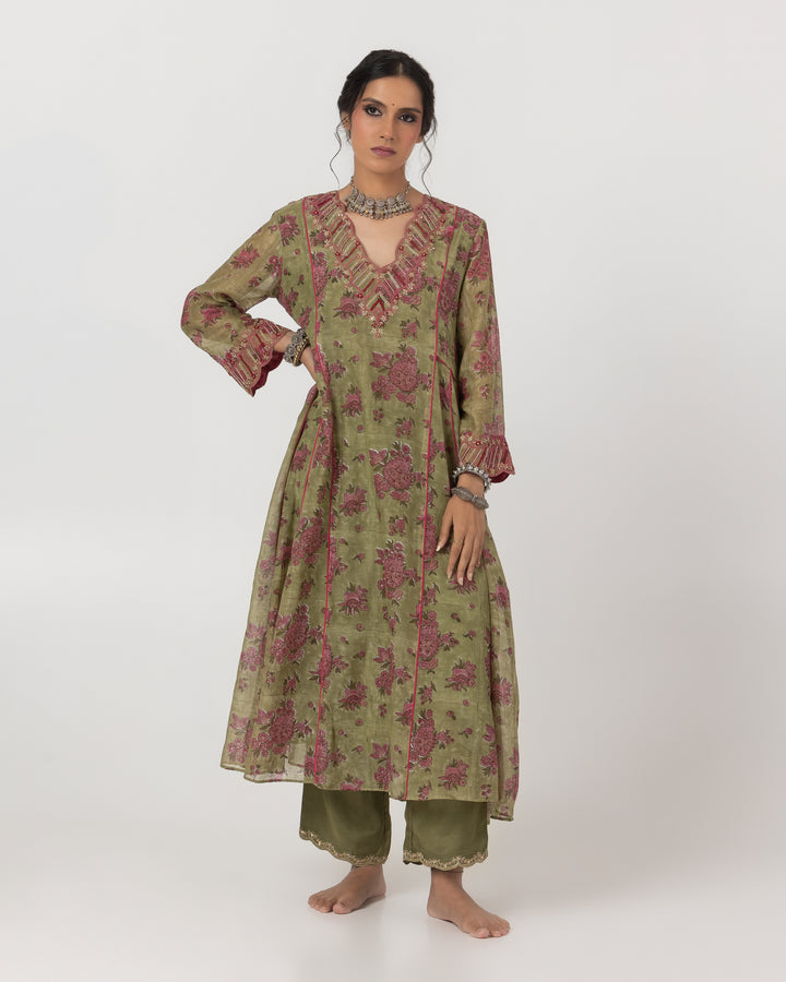 block printed olive green chanderi mull embroidered kurta with cotton silk bottom and chanderi mull dupatta