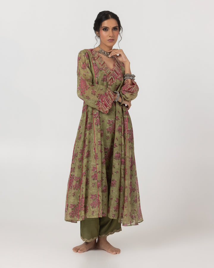 block printed olive green chanderi mull embroidered kurta with cotton silk bottom and chanderi mull dupatta