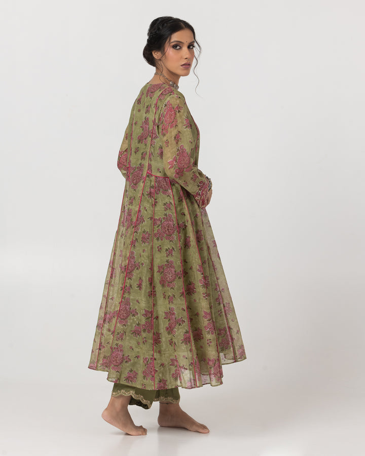 block printed olive green chanderi mull embroidered kurta with cotton silk bottom and chanderi mull dupatta