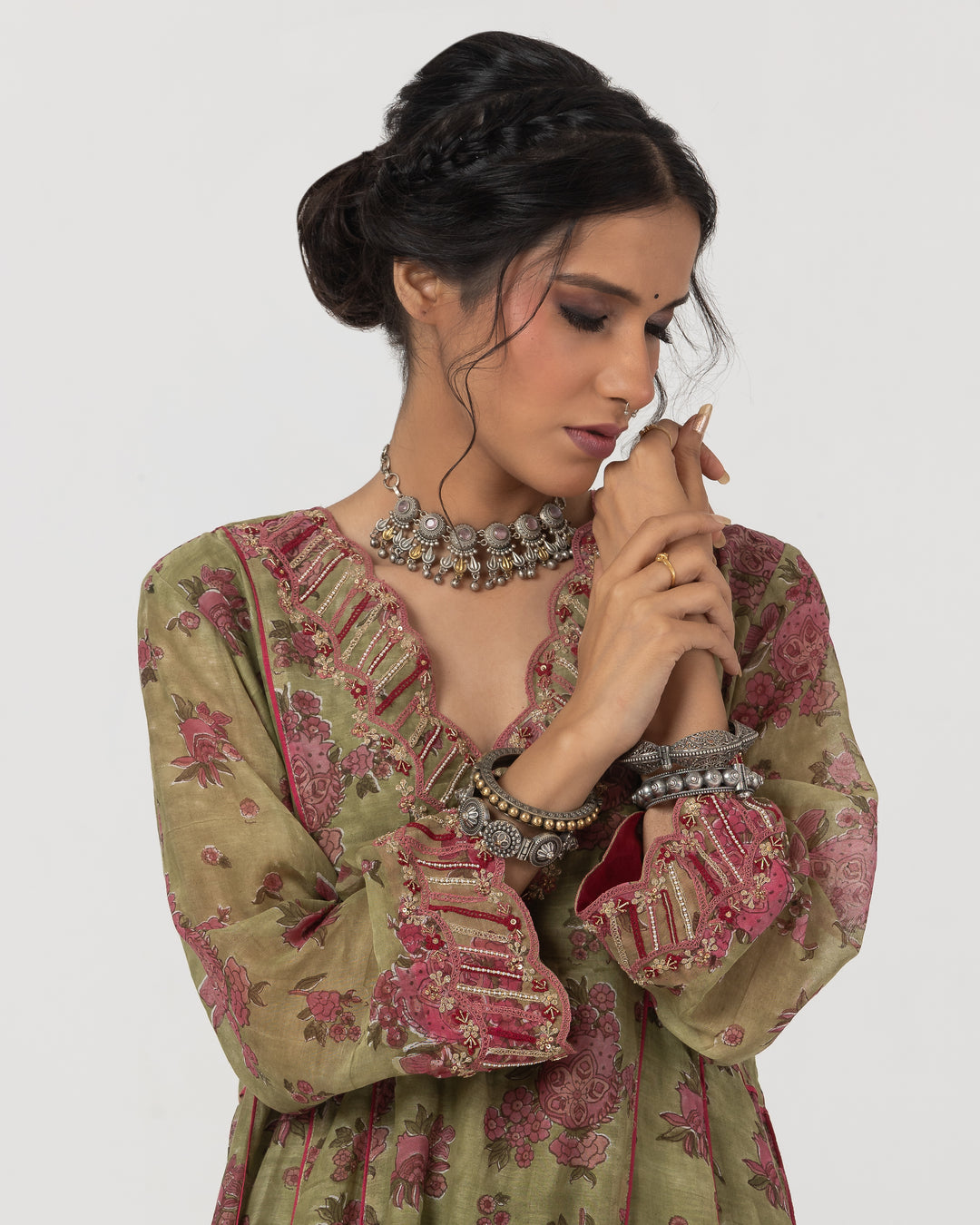 block printed olive green chanderi mull embroidered kurta with cotton silk bottom and chanderi mull dupatta