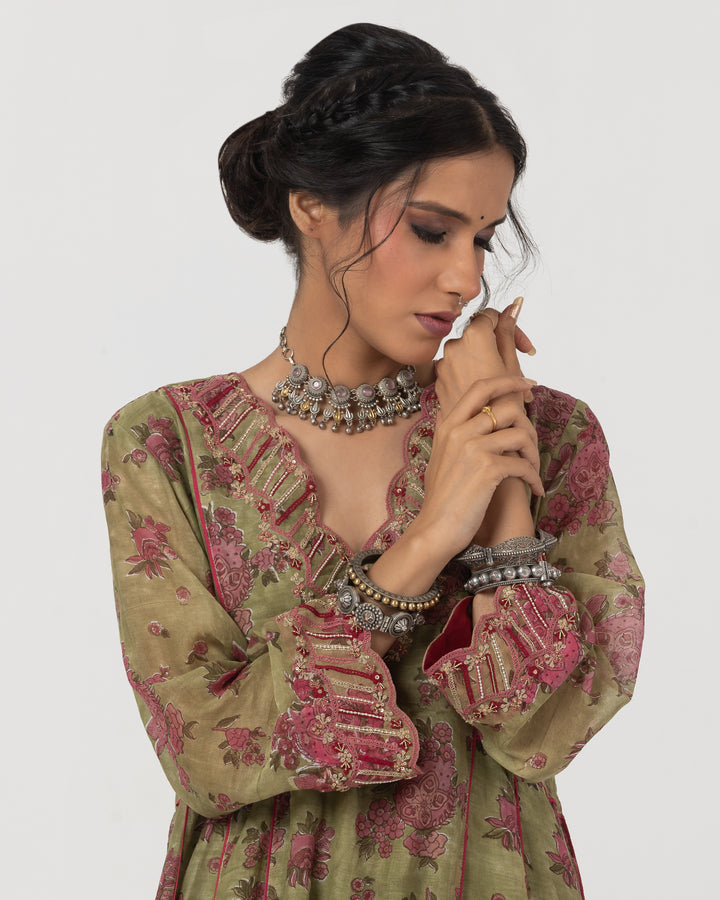 block printed olive green chanderi mull embroidered kurta with cotton silk bottom and chanderi mull dupatta