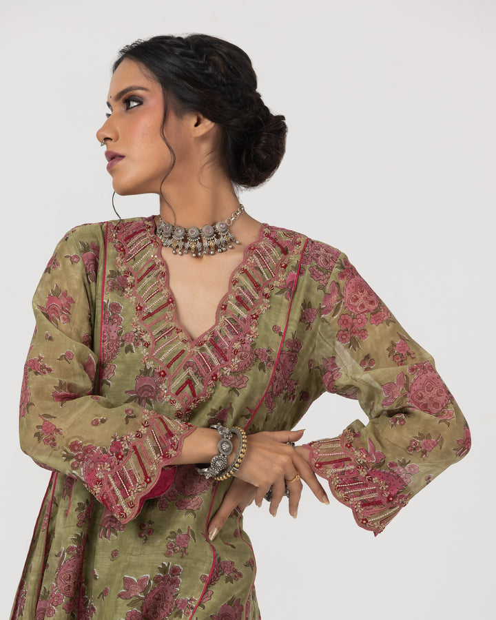 block printed olive green chanderi mull embroidered kurta with cotton silk bottom and chanderi mull dupatta