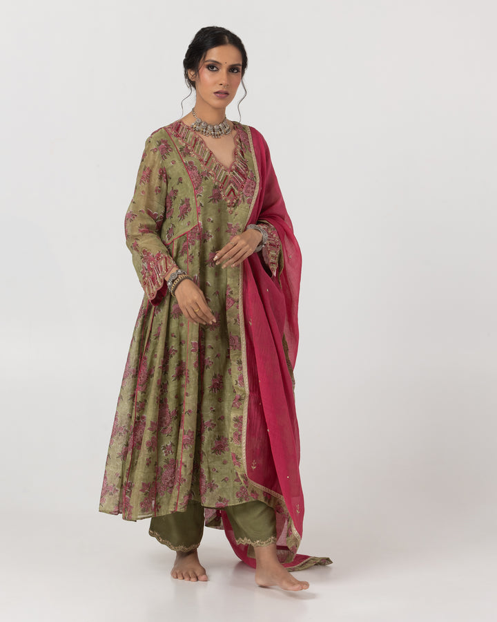 block printed olive green chanderi mull embroidered kurta with cotton silk bottom and chanderi mull dupatta