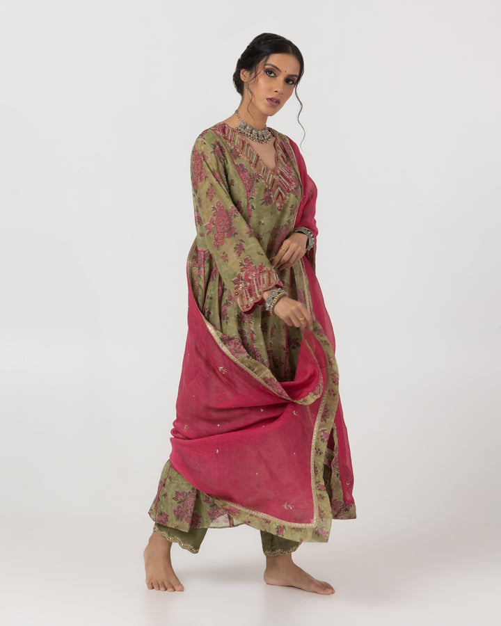 block printed olive green chanderi mull embroidered kurta with cotton silk bottom and chanderi mull dupatta