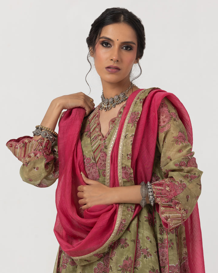 block printed olive green chanderi mull embroidered kurta with cotton silk bottom and chanderi mull dupatta