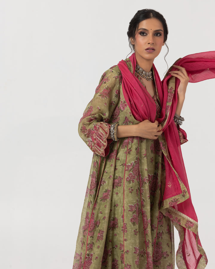block printed olive green chanderi mull embroidered kurta with cotton silk bottom and chanderi mull dupatta