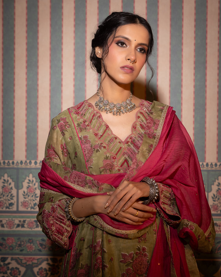 block printed olive green chanderi mull embroidered kurta with cotton silk bottom and chanderi mull dupatta