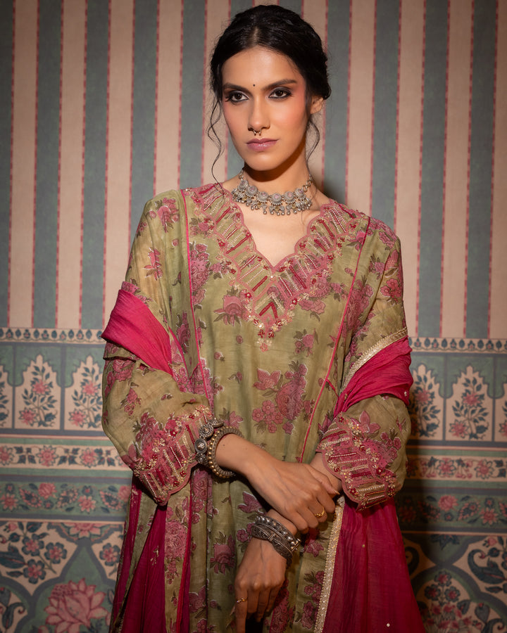 block printed olive green chanderi mull embroidered kurta with cotton silk bottom and chanderi mull dupatta