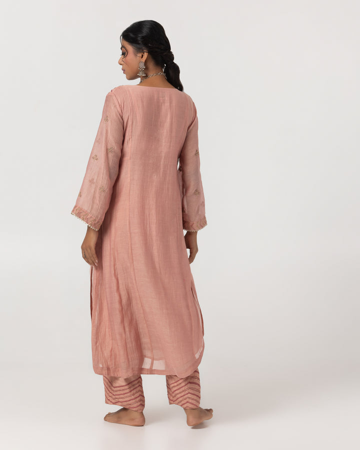 blush pink chanderi mull embroidered kurta with cotton silk bottom and chanderi zari dupatta
