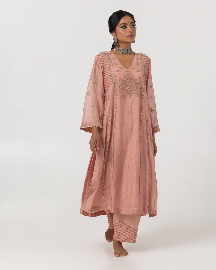 blush pink chanderi mull embroidered kurta with cotton silk bottom and chanderi zari dupatta