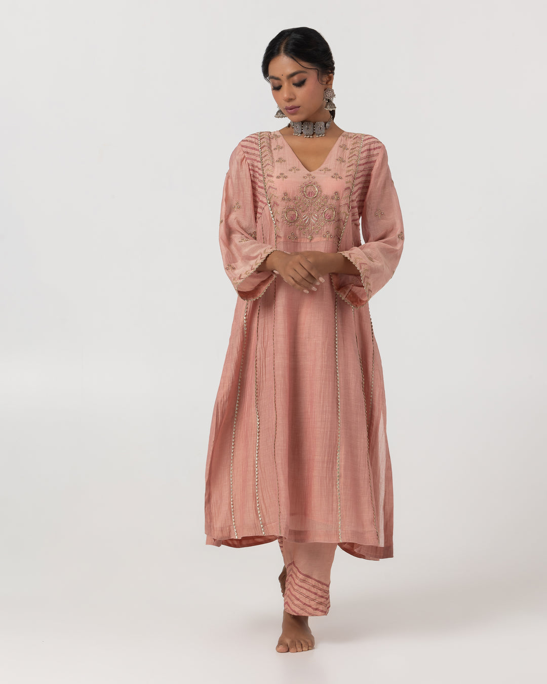 blush pink chanderi mull embroidered kurta with cotton silk bottom and chanderi zari dupatta