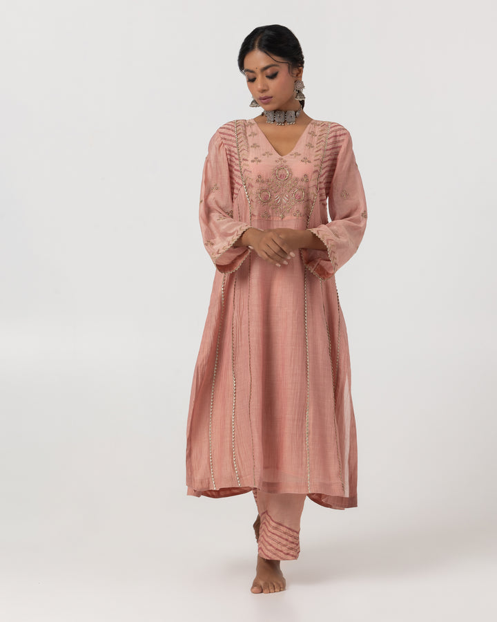 blush pink chanderi mull embroidered kurta with cotton silk bottom and chanderi zari dupatta