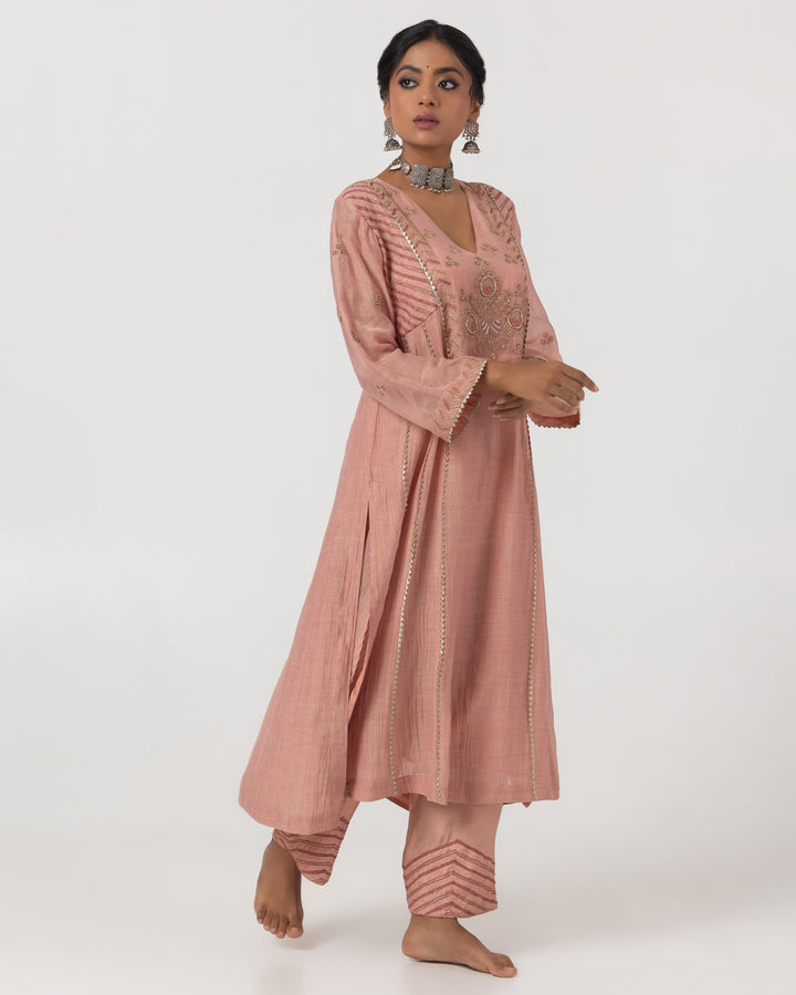 blush pink chanderi mull embroidered kurta with cotton silk bottom and chanderi zari dupatta