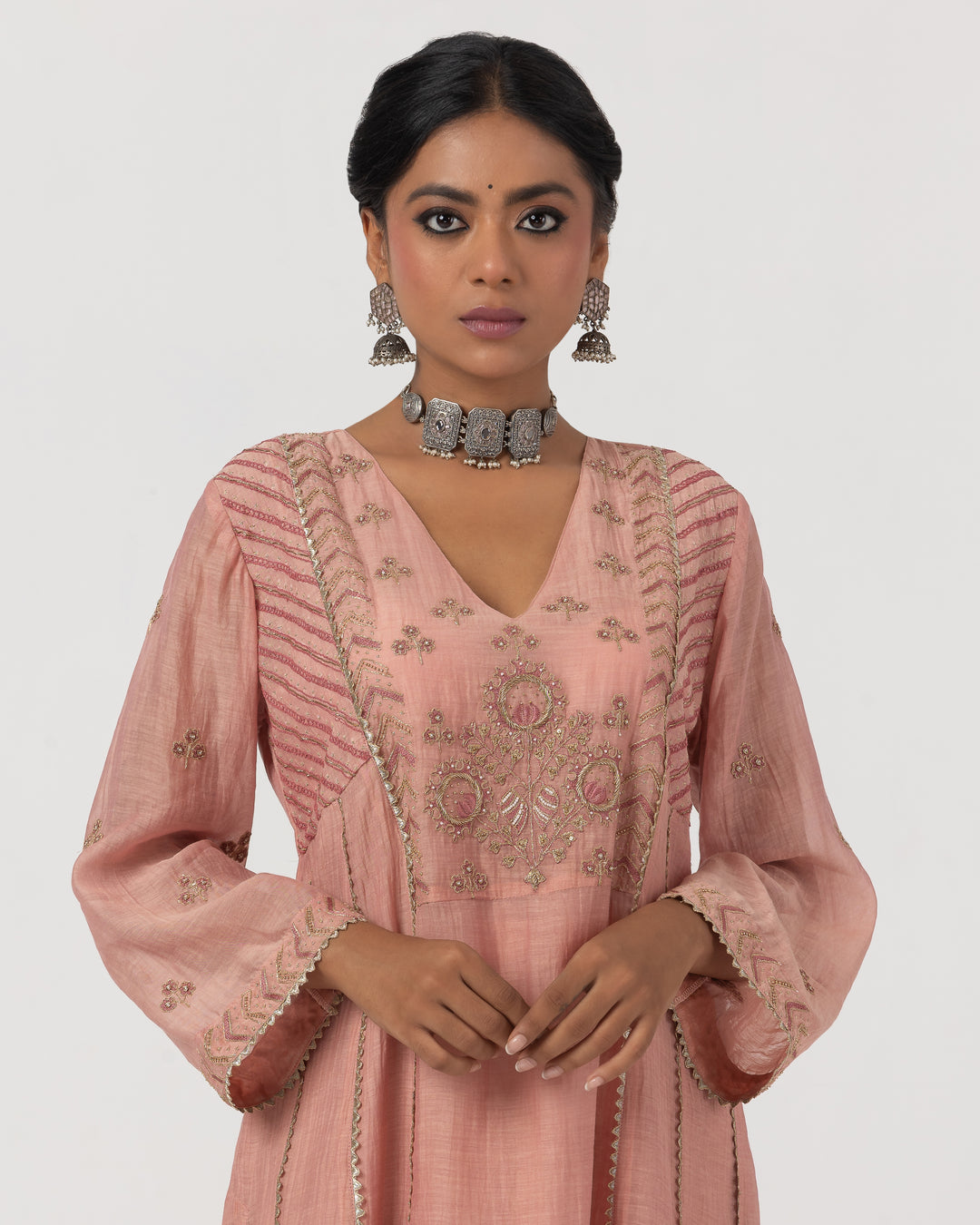 blush pink chanderi mull embroidered kurta with cotton silk bottom and chanderi zari dupatta