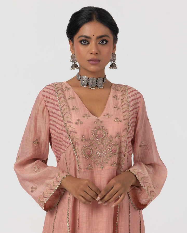 blush pink chanderi mull embroidered kurta with cotton silk bottom and chanderi zari dupatta