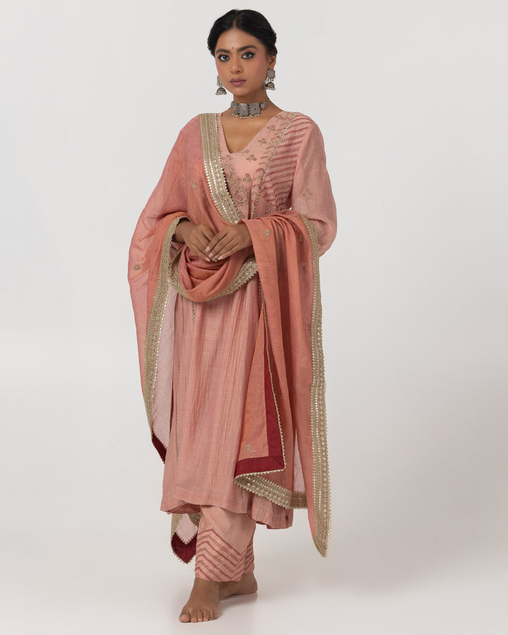 blush pink chanderi mull embroidered kurta with cotton silk bottom and chanderi zari dupatta