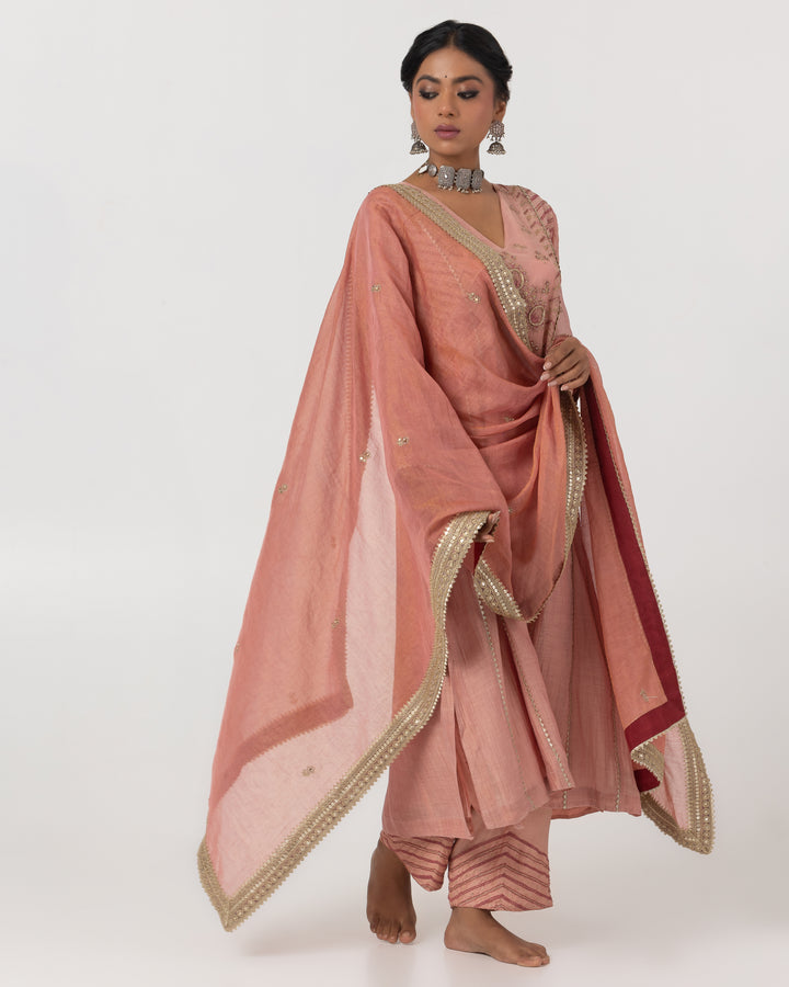blush pink chanderi mull embroidered kurta with cotton silk bottom and chanderi zari dupatta