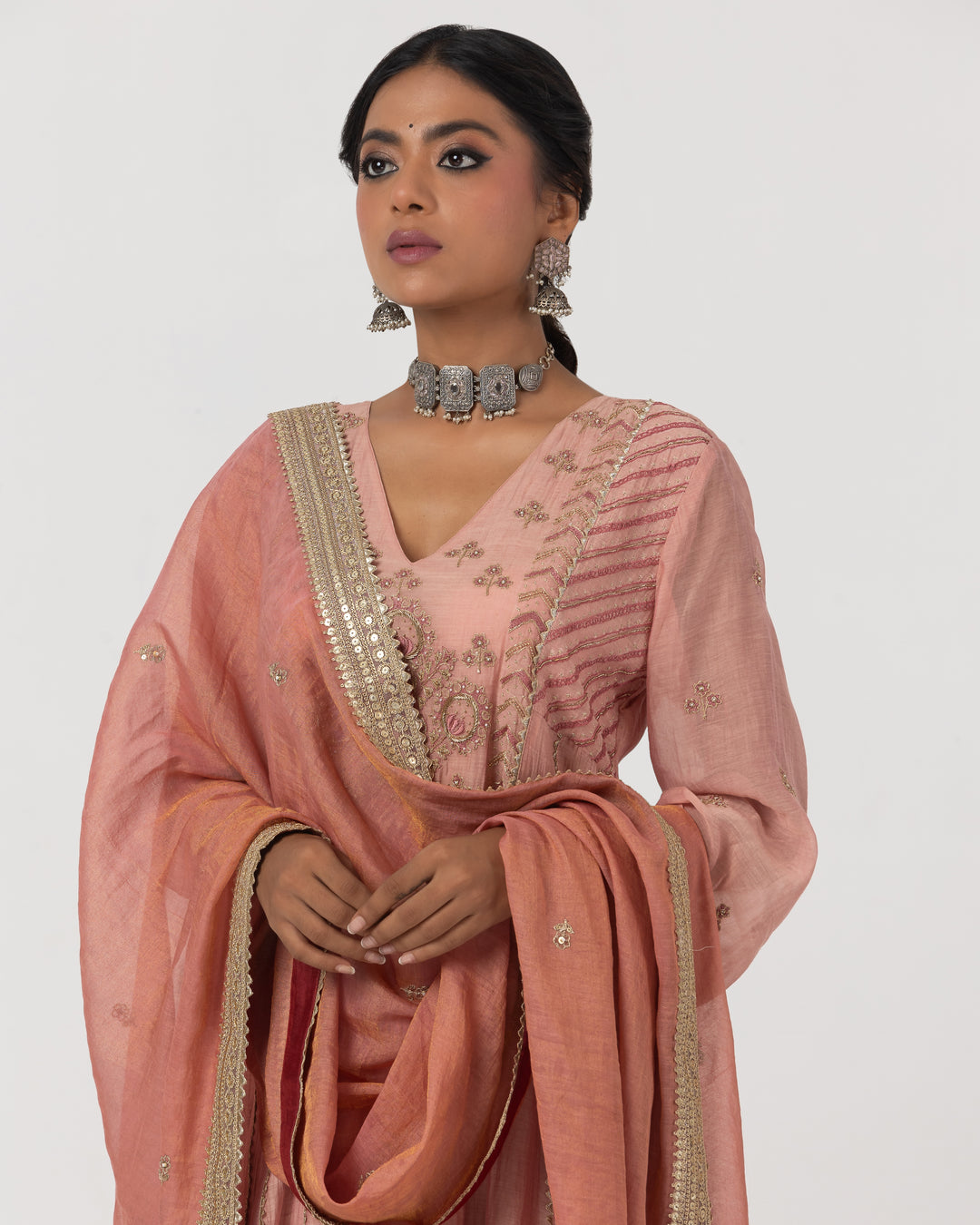blush pink chanderi mull embroidered kurta with cotton silk bottom and chanderi zari dupatta