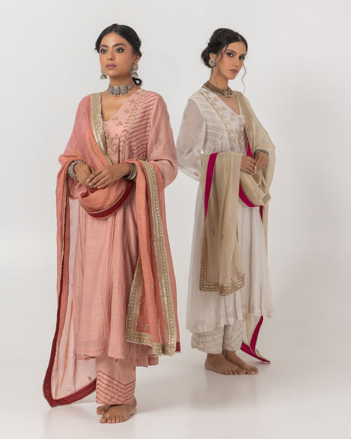 blush pink chanderi mull embroidered kurta with cotton silk bottom and chanderi zari dupatta