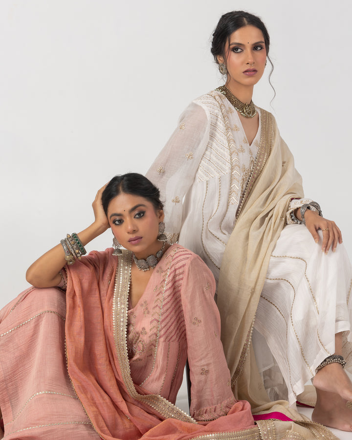 blush pink chanderi mull embroidered kurta with cotton silk bottom and chanderi zari dupatta