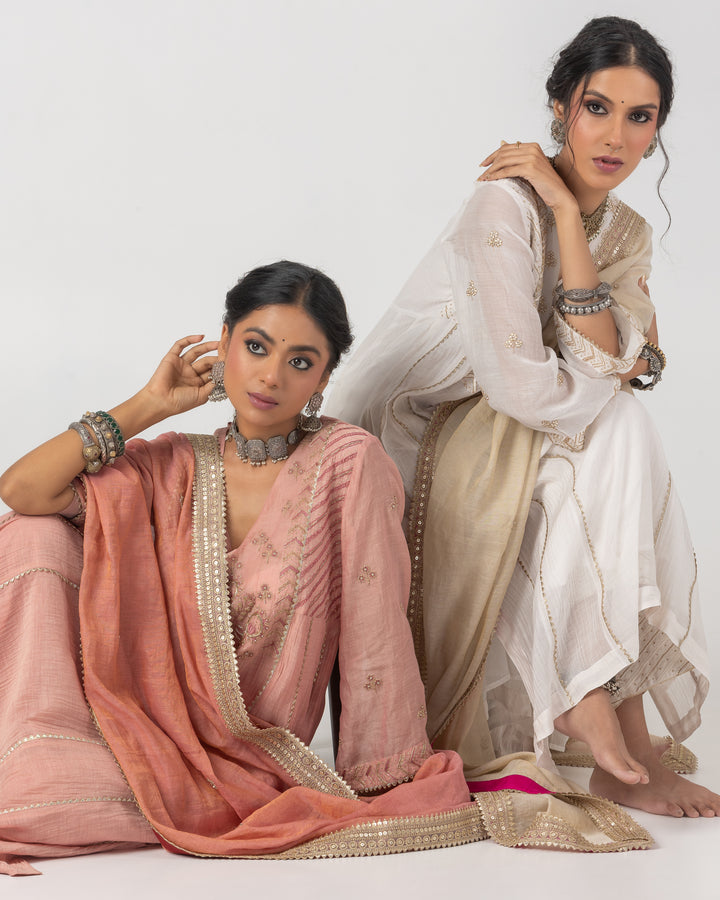 blush pink chanderi mull embroidered kurta with cotton silk bottom and chanderi zari dupatta