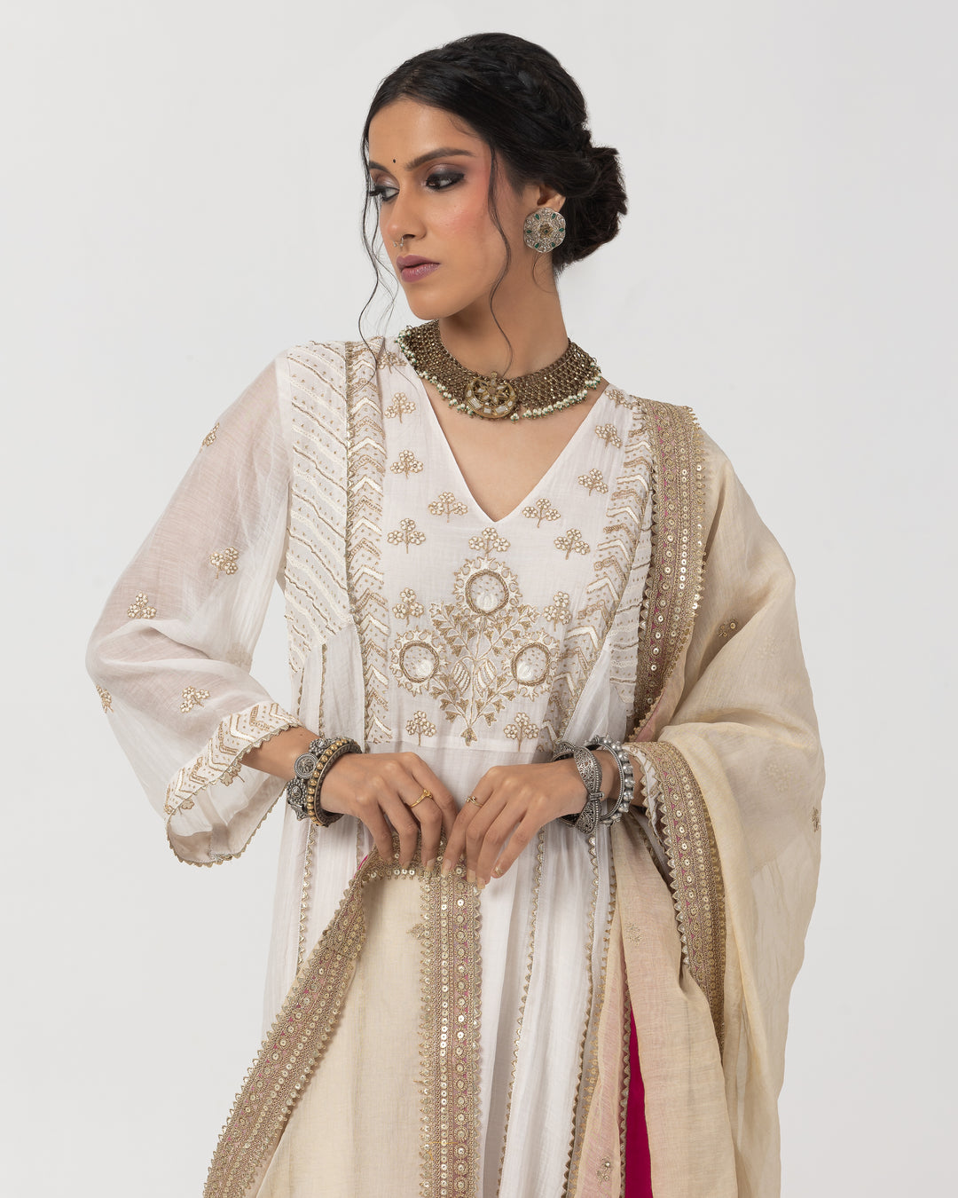 white chanderi mull embroidered kurta with cotton silk bottom and chanderi zari dupatta