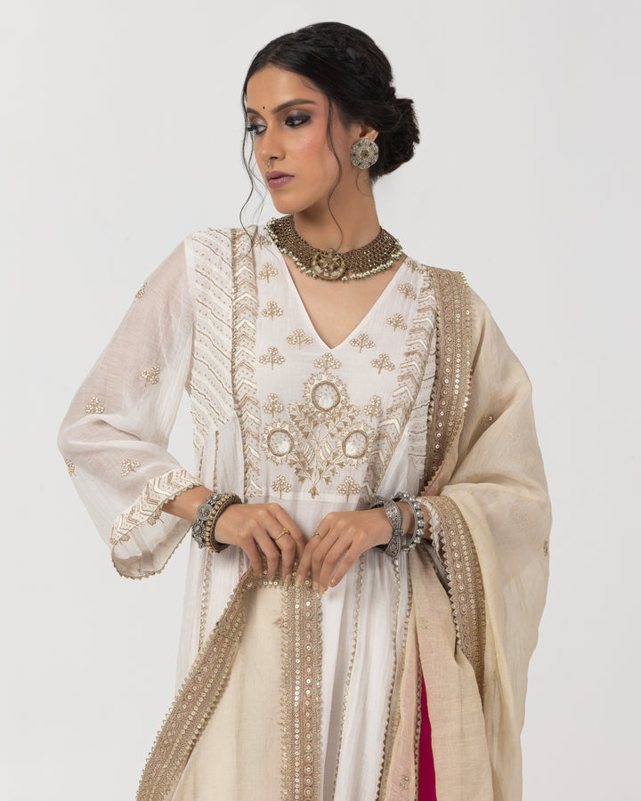 white chanderi mull embroidered kurta with cotton silk bottom and chanderi zari dupatta