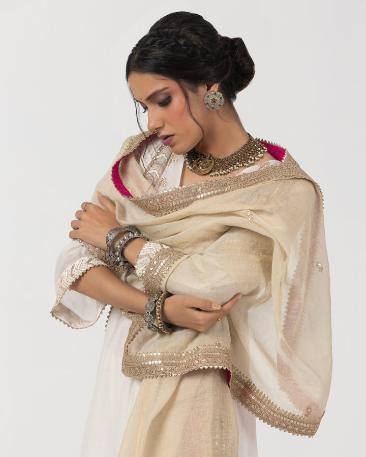white chanderi mull embroidered kurta with cotton silk bottom and chanderi zari dupatta