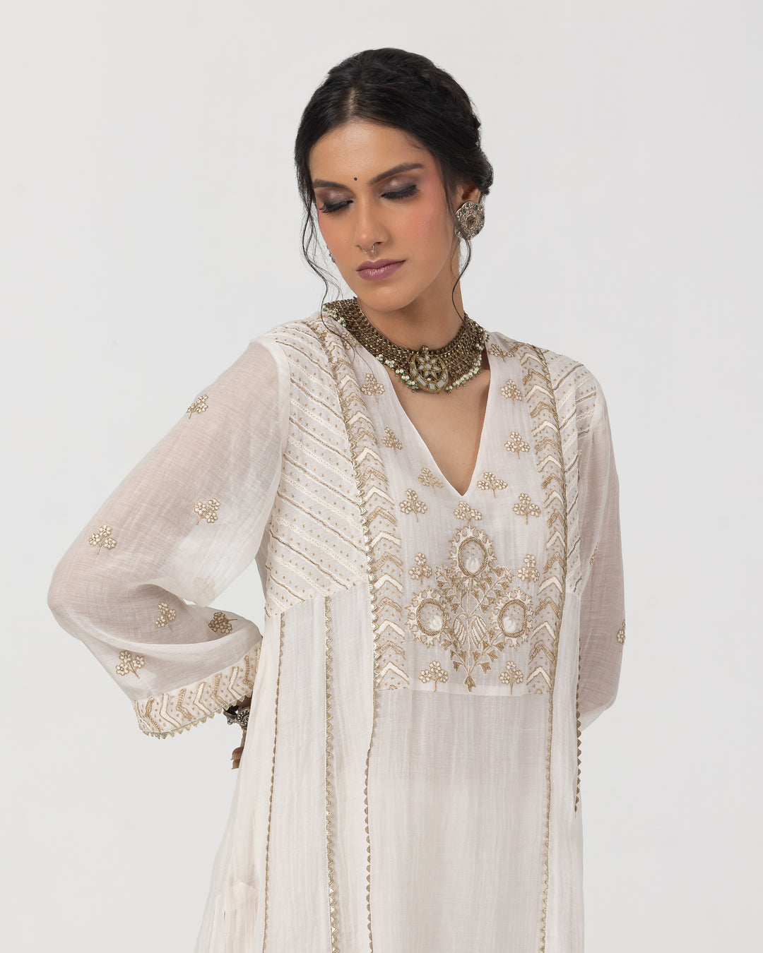 white chanderi mull embroidered kurta with cotton silk bottom and chanderi zari dupatta