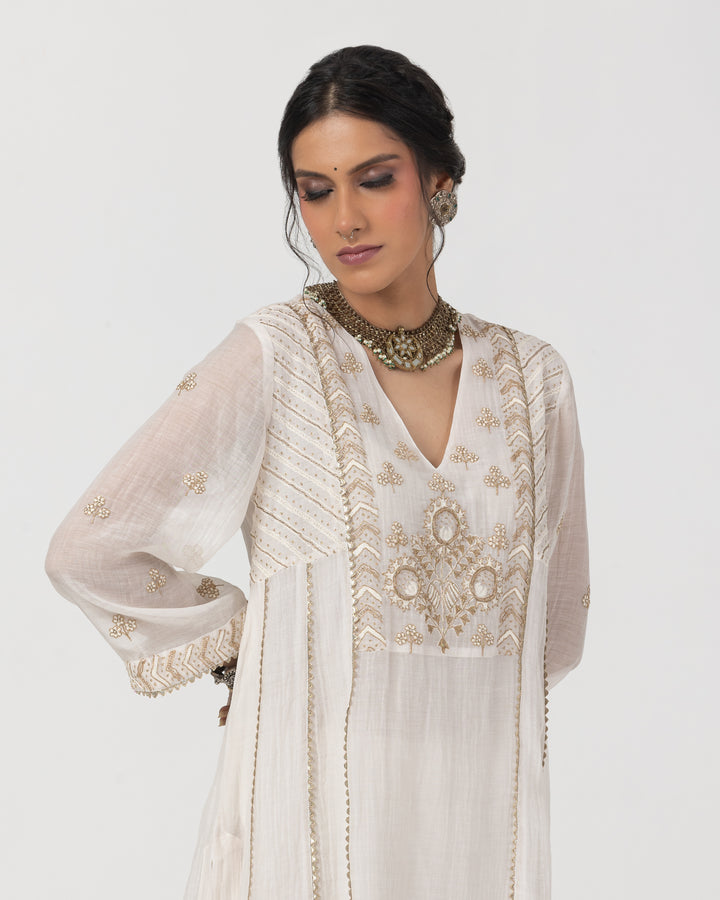 white chanderi mull embroidered kurta with cotton silk bottom and chanderi zari dupatta