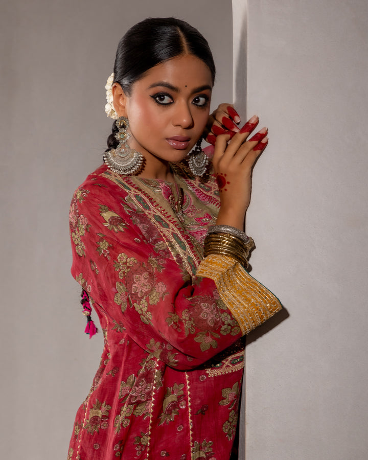 block printed maroon chanderi mull embroidered kurta with cotton silk bottom and chanderi mull dupatta
