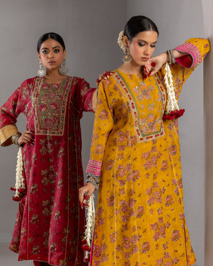 mustard block printed embroidered kurta with cotton silk bottom