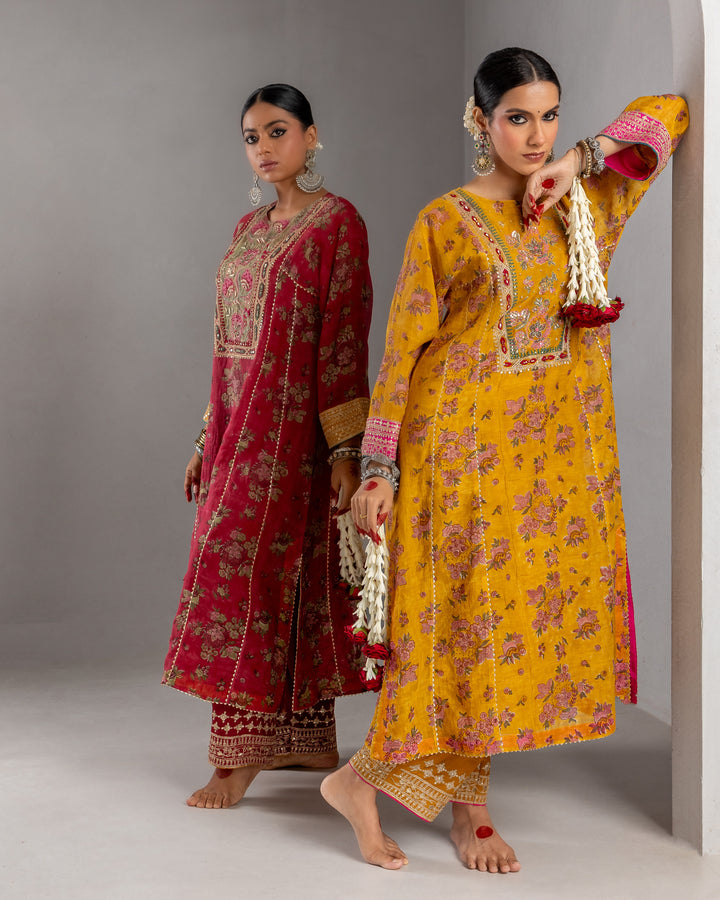block printed maroon chanderi mull embroidered kurta with cotton silk bottom and chanderi mull dupatta
