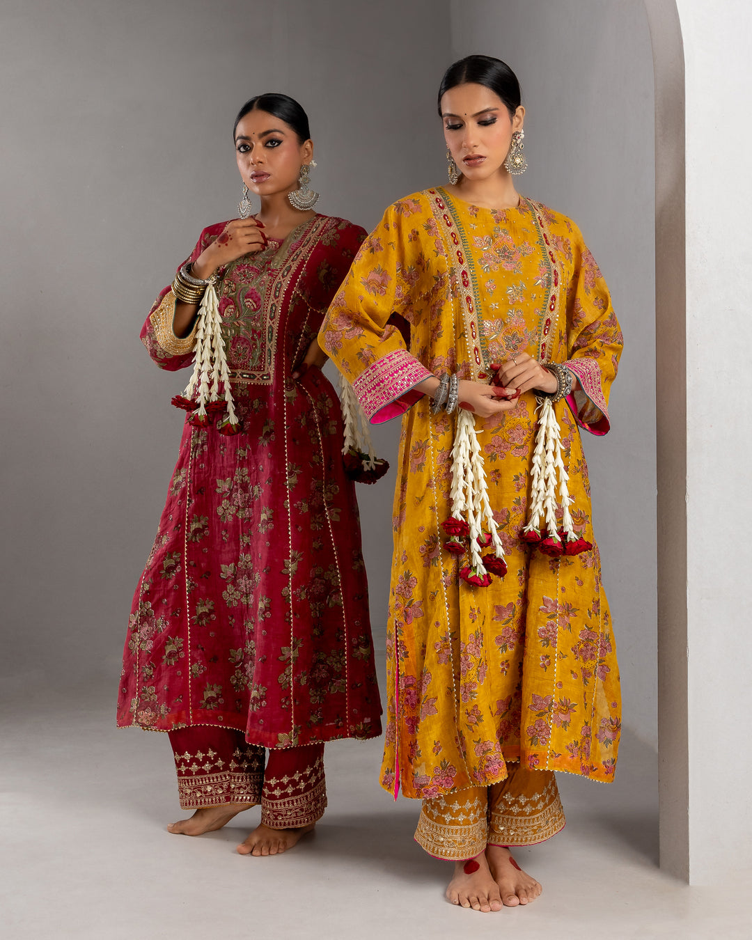 mustard block printed embroidered kurta with cotton silk bottom
