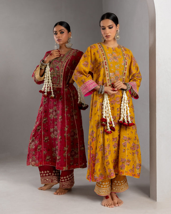 mustard block printed embroidered kurta with cotton silk bottom