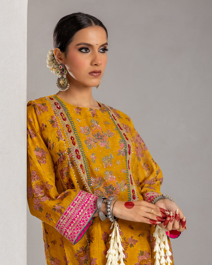 mustard block printed embroidered kurta with cotton silk bottom